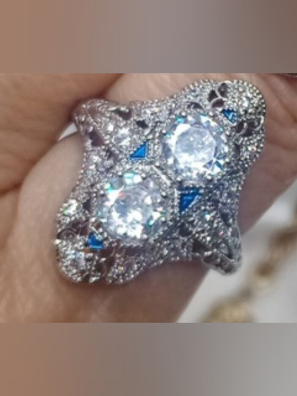 Vintage-Inspired Women’s Blue and Clear Gemstone Ring - Unbranded